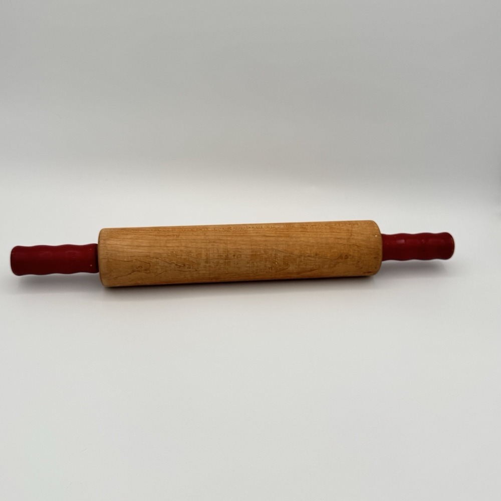 Vintage Wooden Rolling Pin 15" Red Painted Handles Primitive Country Kitchen